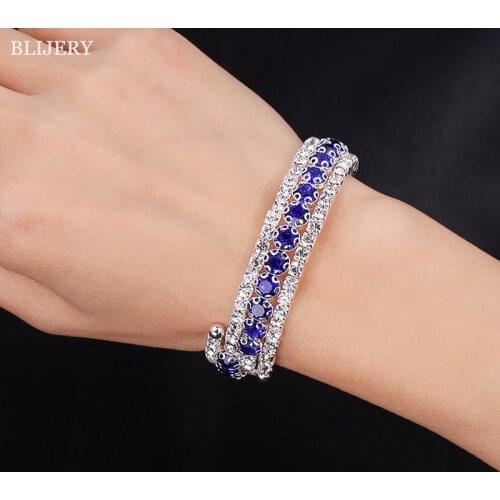 BLIJERY 3 Layers Royal Blue Crystal Bracelets & Bangles for Women Bride Gift New Fashion Open Cuff Bangle Femme Wedding Jewelry