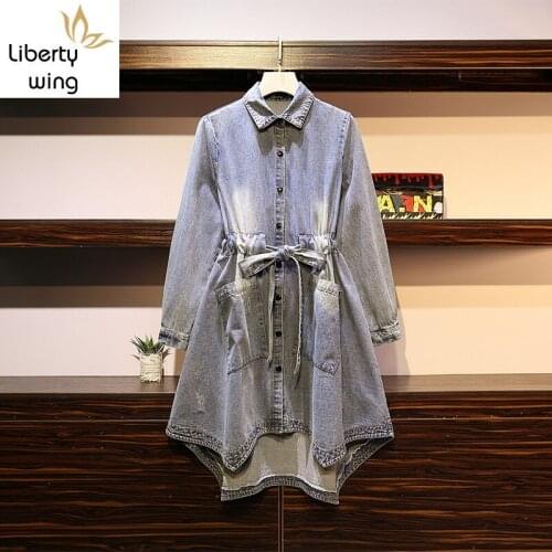 Plus Size Womens Irregular Hem Medium Length Denim Autumn Fashion Ripped Long Sleeve Drawstring Waist Female Trench Coats