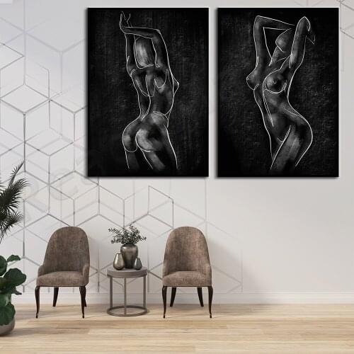 Female line art set 2 pieces of prints, white lines on black background, female form art prints, female silhouette wall art nude