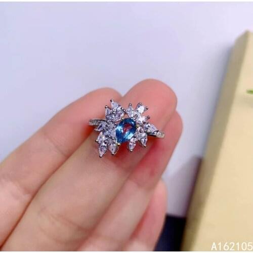 925 pure silver Chinese style natural Swiss blue topaz womens exquisite trendy water drop adjustable gem ring fine jewelry dete