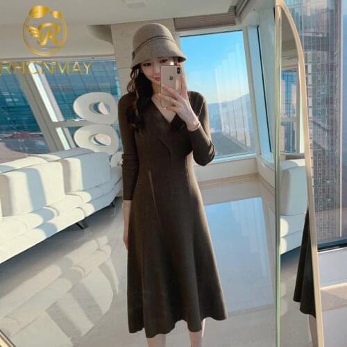 2020 Winter New Women Pleated Knitted Dress V-Neck Long Sleeves Elastic Knit Dress Elegant Warm Solid Sweater Dress