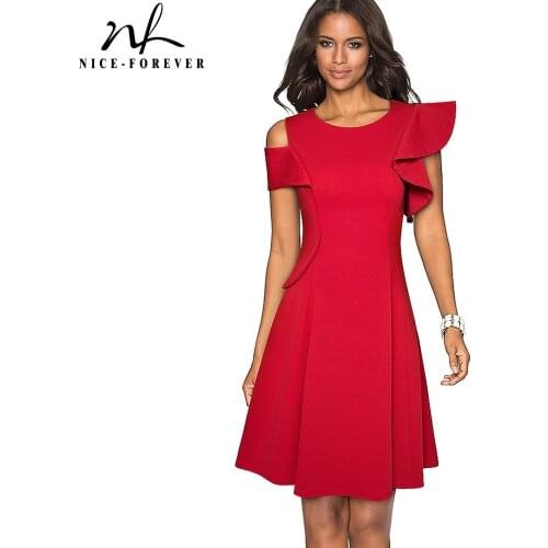 Nice-forever Vintage Solid Color with Chic Ruffle Sleeve Dresses Cocktail Party Women Flared Dress A226