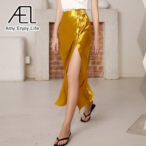AEL Asymmetric High Split Skirt Woman Long Satin Skirt Sexy Wrap Hip 2020 Summer Femme Midiskirt High Waist Golden