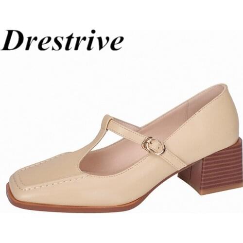Drestrive Mary Janes Full Genuine Leather Square Toe Women Pumps Big Size 43 Buckle Thick High Heel Shoes Beige 2021 Summer