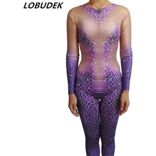 Sexy Purple Snake Printing Jumpsuit Bodysuit Women Cosplay Role Costume Nightclub DJ Singer Pole Dancing Performance Stage Wear