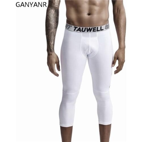 GANYANR Men Compression Pants Running Tights Gym Leggings Basketball Sports Fitness Sexy 3/4 Length Training Soccer Workout