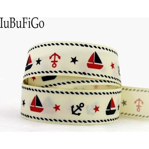 [IuBuFiGo] 10 yard 1"(25mm) Navy Anchor Printed Grosgrain Ribbon Beige ribbon Polyester DIY Bow hair handmade the tape 10Y1352