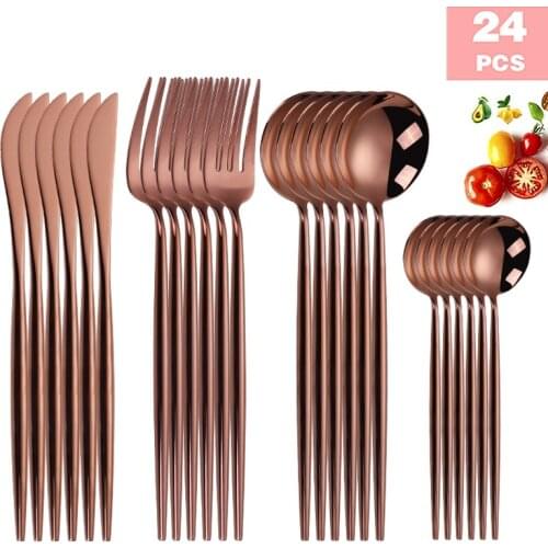 Cutlery Set 24pcs Hand Mirror Polished Rose Gold Cutlery Set Stainless Steel Dinnerware Set Fork Spoon Knife Cutlery Silverware
