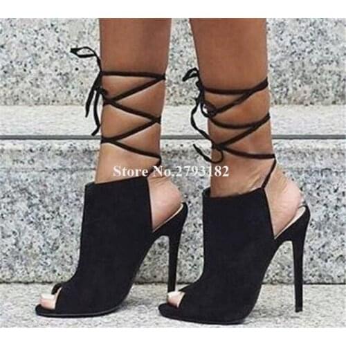 Summer New Fashion Women Peep Toe Suede Leather Stiletto Heel Gladiator Sandals Lace-up Blue Black Cut-out High Heel Sandals