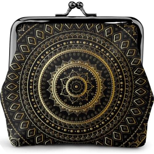 Coin Purse Women Lady Small Wallet Gold Mandala On Black Background Ethnic Vintage Pattern Hasp Purse Card Holder Purses