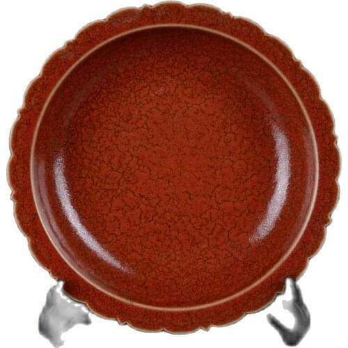 Early collection of Qing Kangxi chicken blood red glaze color glaze carved flower plate