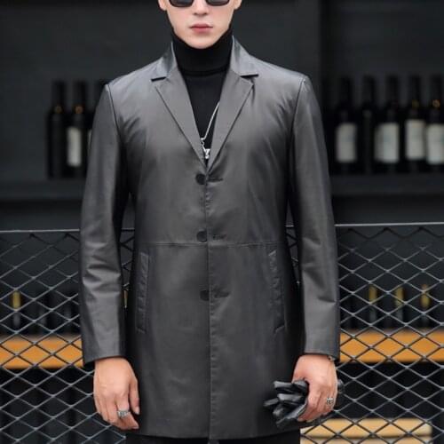 Luxury Business Man Long Cowhide Genuine Leather Jacket Slim Fit Single Breasted Trench Coat Office Man Windbreaker Outwear Coat