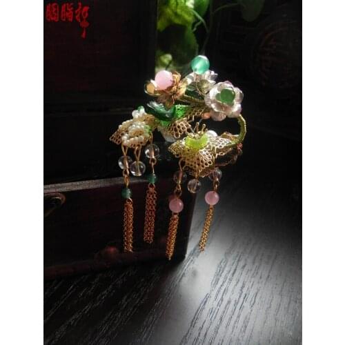 Sanderwood Coral Horn hair stick Vintage Original Handmade Colored Glaze Jade Tassel Hair Stick