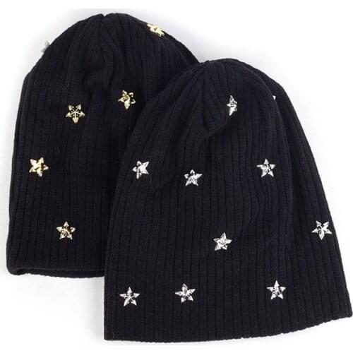 Winter New Soft Cotton Beanies With Gold Sliver Stars Autumn Women Bucket Hats Elastic Knitted Casual Ski Skullies Caps Bonnet