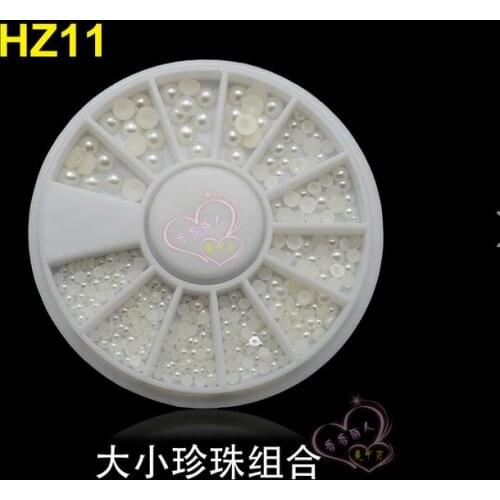 Nail Art Decoration 3D Flat Back Half Round Pearl Nail Art Stone Different Size Wheel Rhinestones Beads White1.5-4MM, HZ11