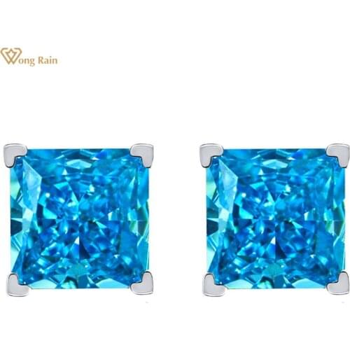 Wong Rain 925 Sterling Silver 6*6 MM Sky Blue Created Moissanite Gemstone Wedding Party Simple Ear Stud Earrings Fine Jewelry