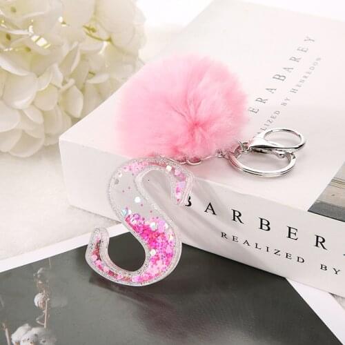 1PC English Letter Keyring Pink Glitter Acrylic Keychain with Puffer Ball 26 Words A TO Z Handbag Charms for Woman