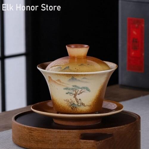 170ml Retro Porcelain Painted Gold Landscape Cover Gaiwan Pigmented Coarse Ceramic Kung Fu Tea Tureen Antique Chinaware Tea Bowl