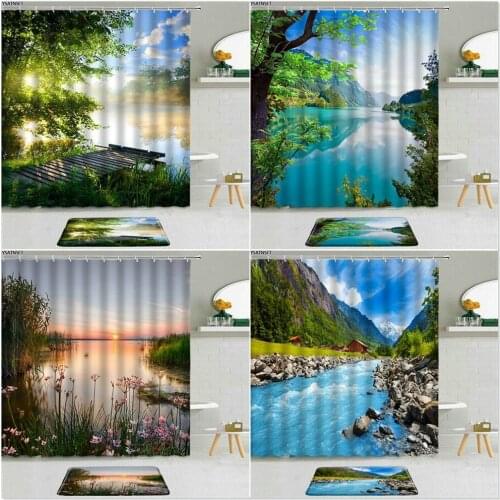 2Pcs Forest Wooden Bridge Lake Landscape Shower Curtain Flower Sunset River Fabric Non-Slip Bath Mat Bathroom Curtains Decor Set