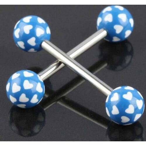 TUMBEELLUWA 1Lot (2Pc) Blue White Heart LOVE Stainless Steel Ball Bar Barbell Piercing Nipple Tongue Rings Jewelry