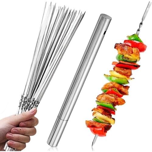 20/50Pcs Stainless Steel Skewers For Barbecue Reusable Grill Skewers Shish Kebab BBQ Camping Flat Forks Gadgets Kitchen Supplies