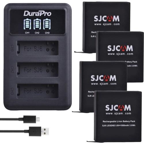 4Pcs 1000mAh Original SJCAM SJ6 LEGEND Battery + LED Displys 3-Slot USB Charger for SJ6 Legend SJ6 Legend Air Sports DV Cameras