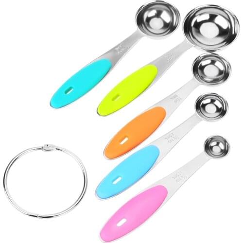 5Pcs Stainless Steel Measuring Spoons Kitchen Silicone Handle Grip ML Mark For Baking Cooking Sugar Coffee Baby Scoop Tools Set