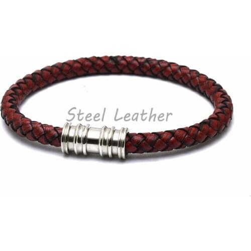 5pcs/lot Charm Genuine Leather Red Stainless Steel Magnetic Bracelet Men Birthday Gift For boy friend Wholesale Men Jewelry