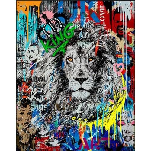 Abstract lion street graffiti art diamond painting mosaic wall painting rhinestone embroidery art picture for living room decora