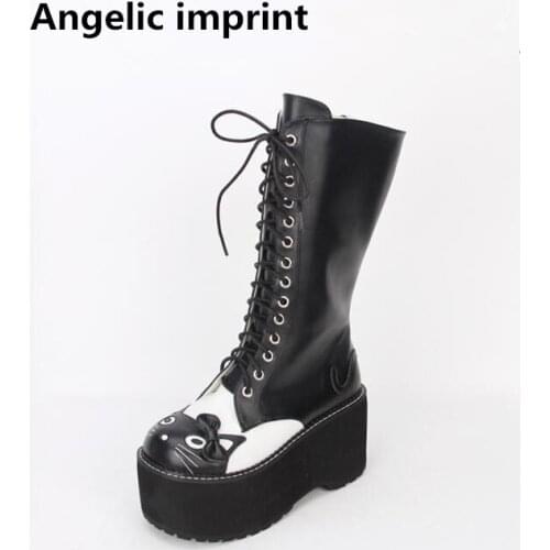 Angelic imprint mori girl Women platform punk cosplay shoes lady lolita Boots woman Mid heels boots wedges lovely car face 33-47