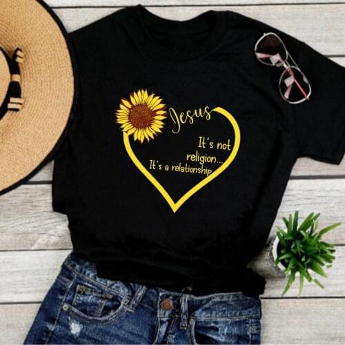 Colored Its Not A Religion Its A Relationship T-shirt Funny Sunflower Heart Graphic Tees Tops Women Religious Christian Tshirt