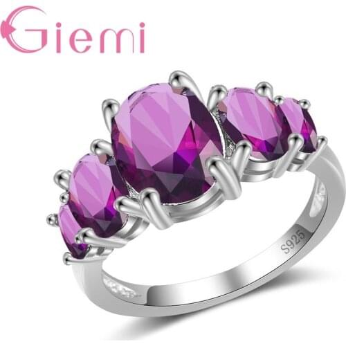 Exquisite Cubic Zirconia Rings 100% 925 Sterling Silver Brand Jewelry Shiny Purple Rhinestone Anillos for Women Party