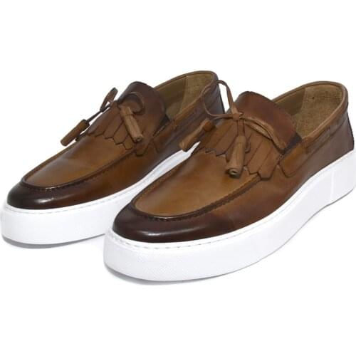 SHENBINS Lightweight Casual Sport Kiltie Tassel Loafers, Handmade Shoes with Real Leather, Height Increasing Soles, Tobacco