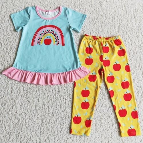 Hot Sale Baby Girls Clothing Back To School Outfits Apple Shirt Leggings Pants Boutique Kids Clothes Wholesale Children Clothing