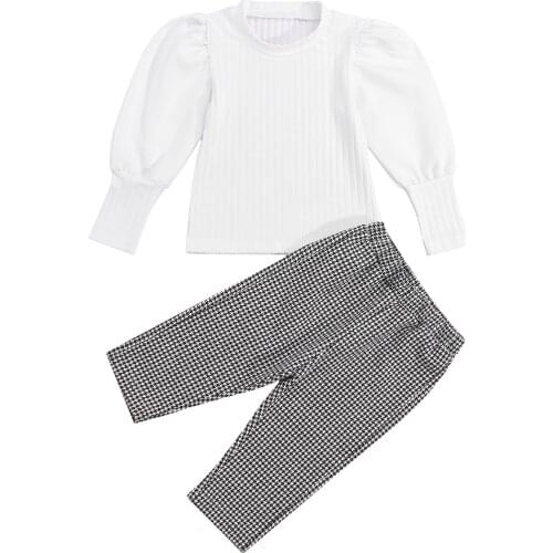 2021 1-6Y Fashion Infant Girls Clothing White Solid Color Puff Sleeve Round Neck Pullover Sweater+Plaid Print Pants Fall 2pcs