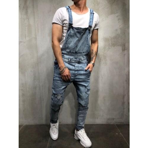 Mens Distressed Denim Carpenter Overalls Pants Bib Jumpsuits Moto Jeans Pant Winter Jeans For Men Punk Streetwear