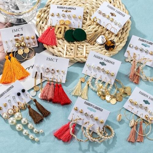 New Fashion Pearl Tassel Earrings Sets For Women Gold Metal Vintage Geometric Hanging Earrings 2021 Trend Female Modern Jewelry