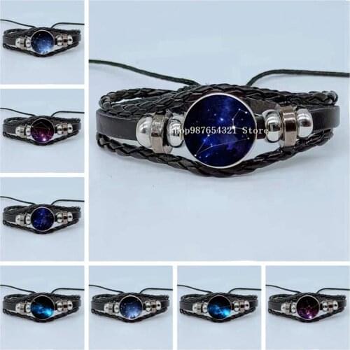 New Constellation Bracelet Astrology Pattern Bracelet Glass Cabochon Multilayer Woven Leather Bracelet Jewelry