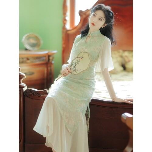 Summer New Style Chinese Style Retro Improved Embroidered Cheongsam Dress Lace Stitching Chiffon Literature And Art Slim Long Dr