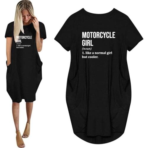 New Summer Motorcycle Girl Print Women Casual Loose Dress With Pocket Ladies Fashion O Neck Long Tops Female T Shirt Dress