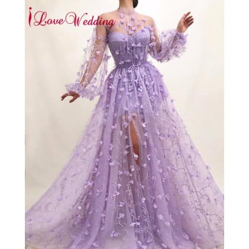 2021 Formal Prom Dresses A Line High Neck Long Sleeves Party Gown Custom made Arabic Long Lilac Lace Prom Gown for Party