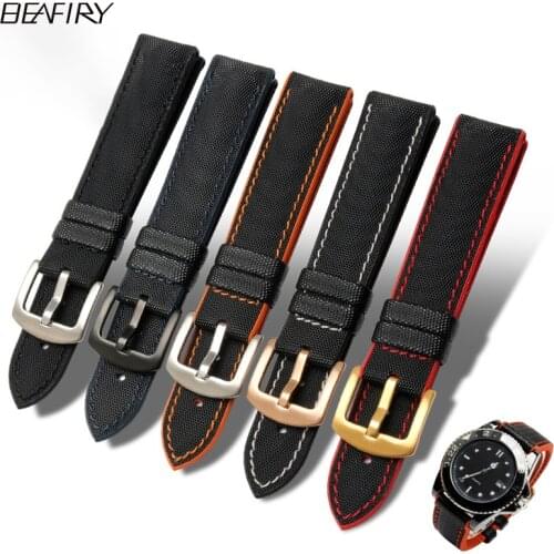 BEAFIRY Orange Stitching Nylon+silicone Black Genuine Leather 18mm 20mm 22mm 24mm Watch Band Strap sport Watchbands