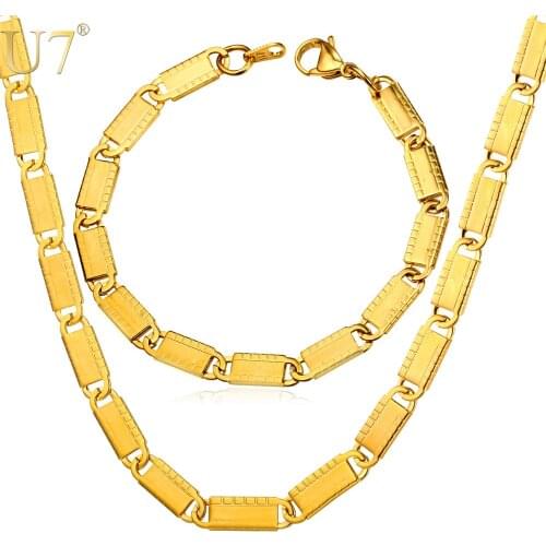 U7 Mens Fashion Jewelry Trendy 4 Size Gold Color Stainless Steel Chain Bracelet Necklace Set Wholesale S811
