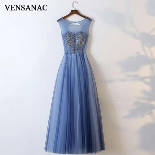 VENSANAC New A Line 2018 Sequined O Neck Draped Long Evening Dresses Sleeveless Elegant Lace Tank Party Prom Gowns