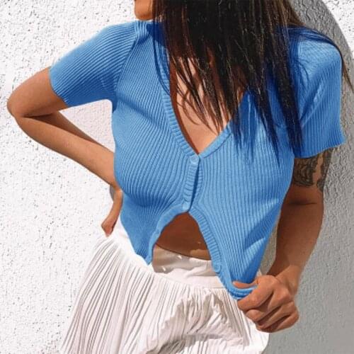 Vintage T-shirt Women Clothes Brandy Sexy Button Knitted Short Sleeve Korean Style Ribbed Summer Crop Top Clothes Tshirt Shirt
