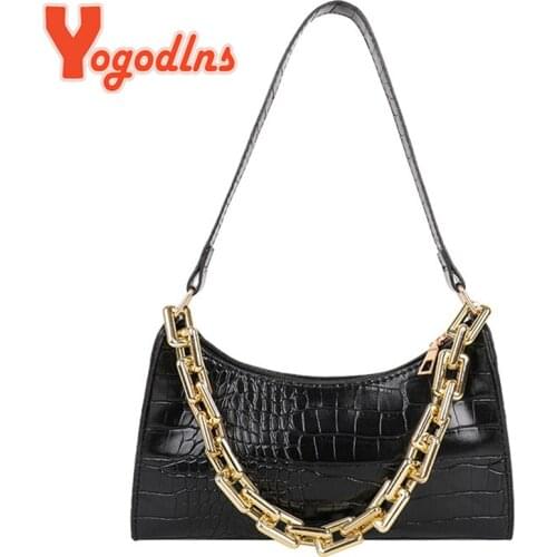 Yogodlns Luxury Chains Baguette Bag Women PU Leather Shoulder Bag Fashion Armpit Bag Designer Lady Handbag Brands Underarm Pouch
