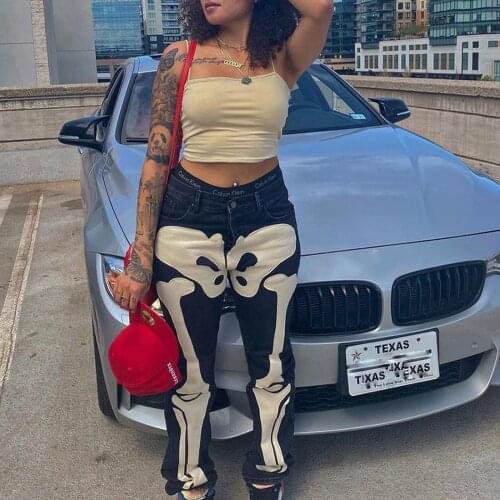 Y2K Women Halloween Jeans Black Skeleton Printed Pattern Mid-waist Trousers, S/ M/ L