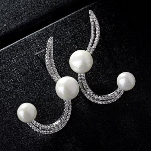 Unique design brand stud earring brincos for women 2 line L shaped with pearl AAA cubic zironia jewelry