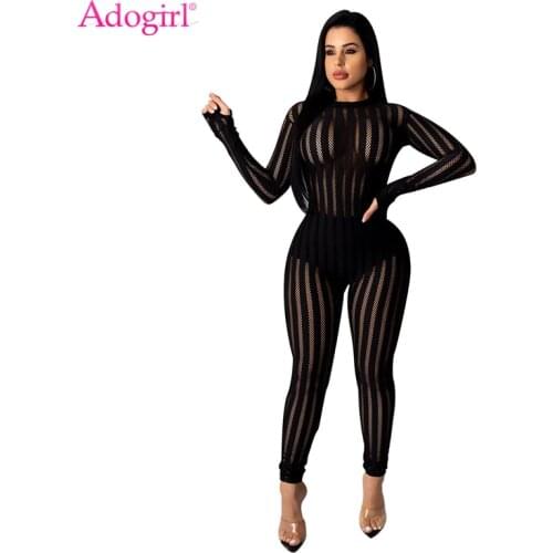 Adogirl Sheer Mesh Colorful Stripe Sexy Jumpsuit O Neck Long Sleeve Skinny Romper Women Fashion Night Club Overalls