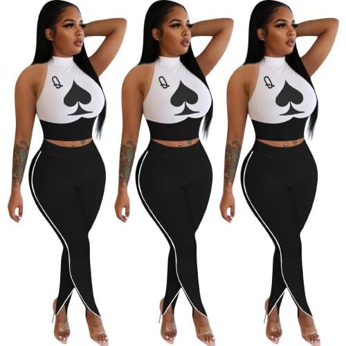 Two Pieces Sets Women Playing Card Print Trouser Sports Suit Sexy Halter Sleeveless Top Long Pants Lounge Wear Outfits Plus Size